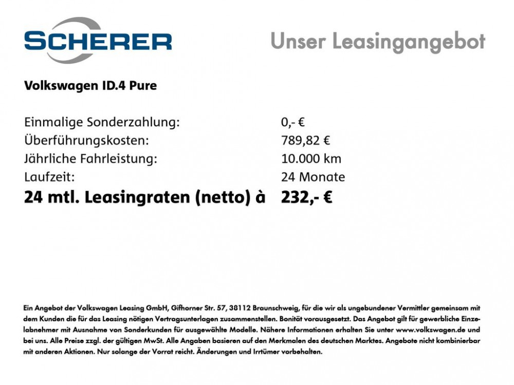 Volkswagen ID.4 Pure  276 € Leasingrate bei 940 € Anzahlung 0/1